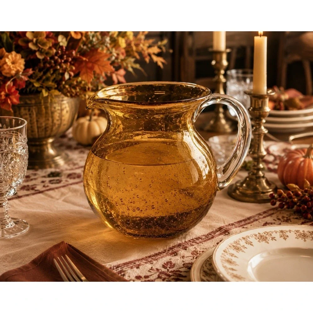 Vintage Amber Bubble Glass Pitcher Clear Handle Hand Blown Art Glass 90 Oz